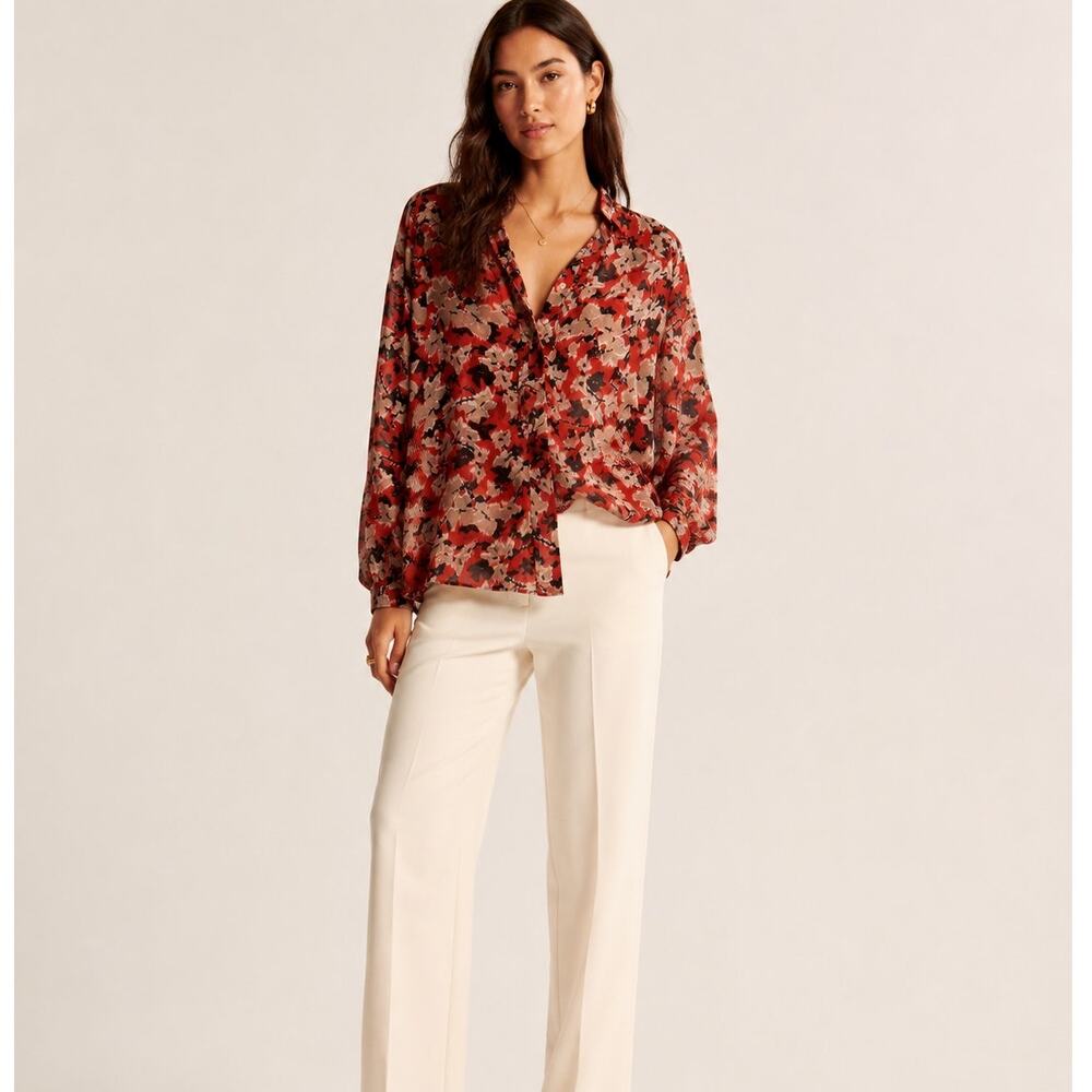 Reiss Red White Floral Silk Sheer Button Down Shirt Womens 4 Coquette Luxury